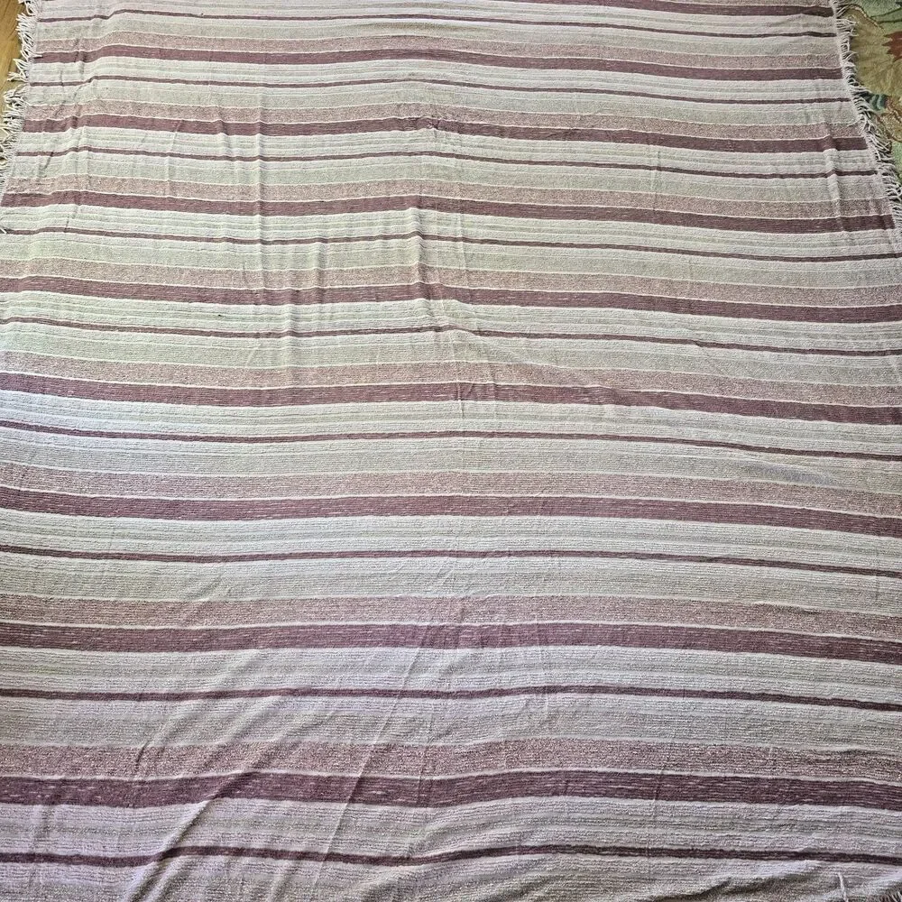 Vintage Pink Chenille Bedspread 101x90 Striped Fringe Cottage Full Queen